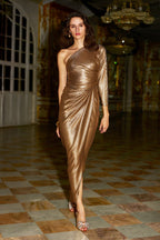 One Shoulder Metallic Lace Column Gown