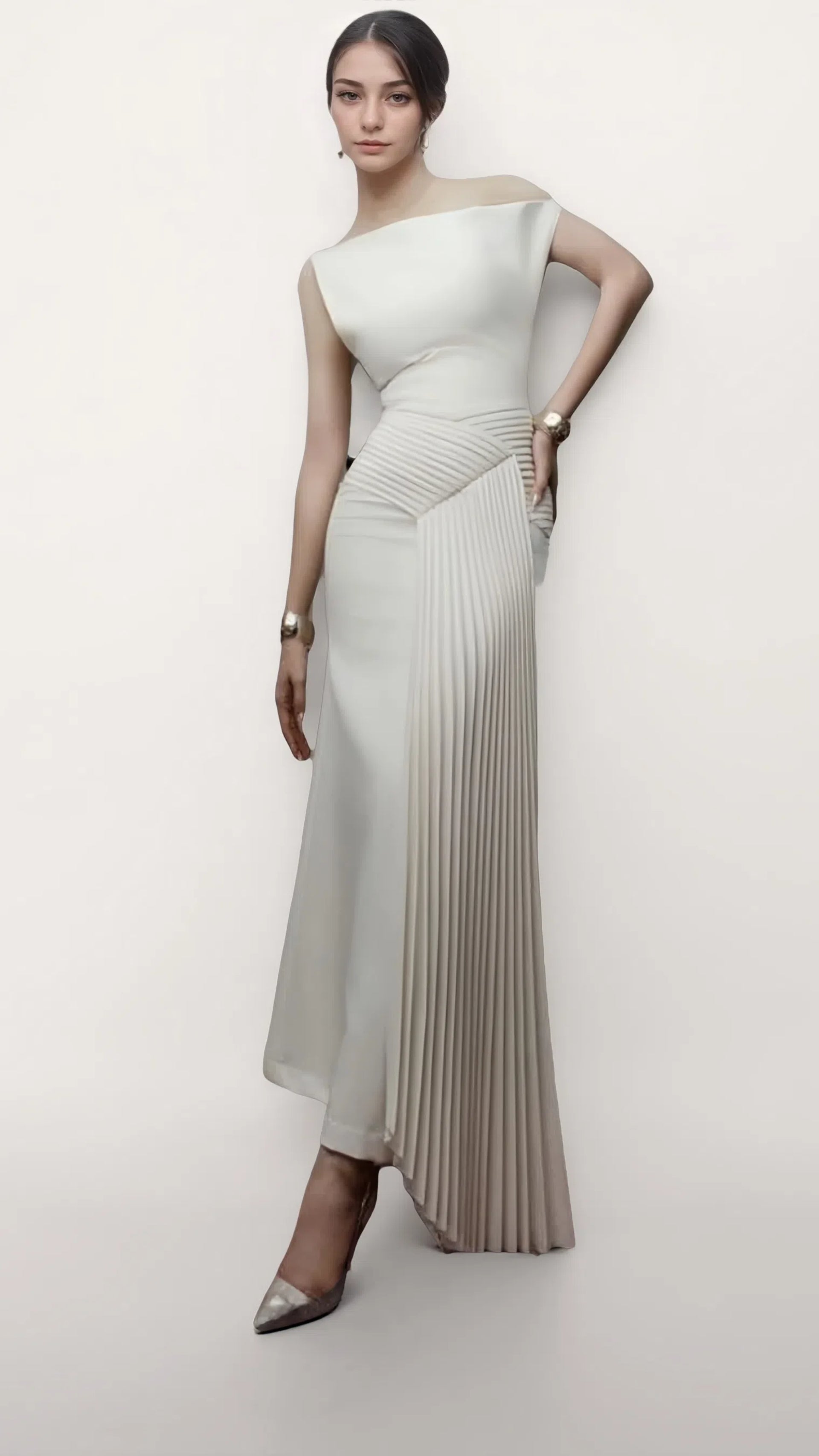 Ivory Pleated Drape Dress