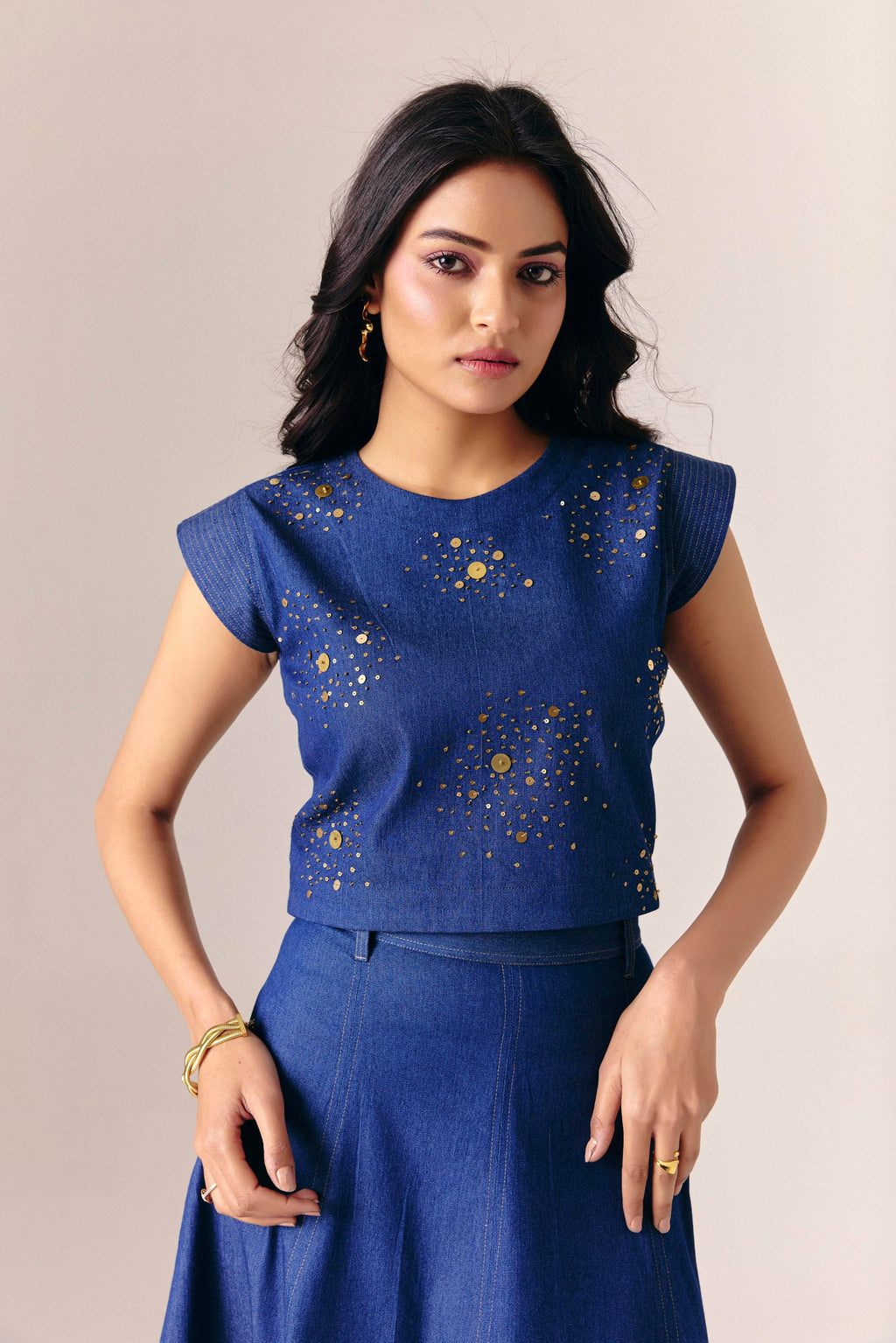 Gilded Denim Top With Flow Denim Skirt