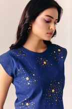 Gilded Denim Top With Flow Denim Skirt