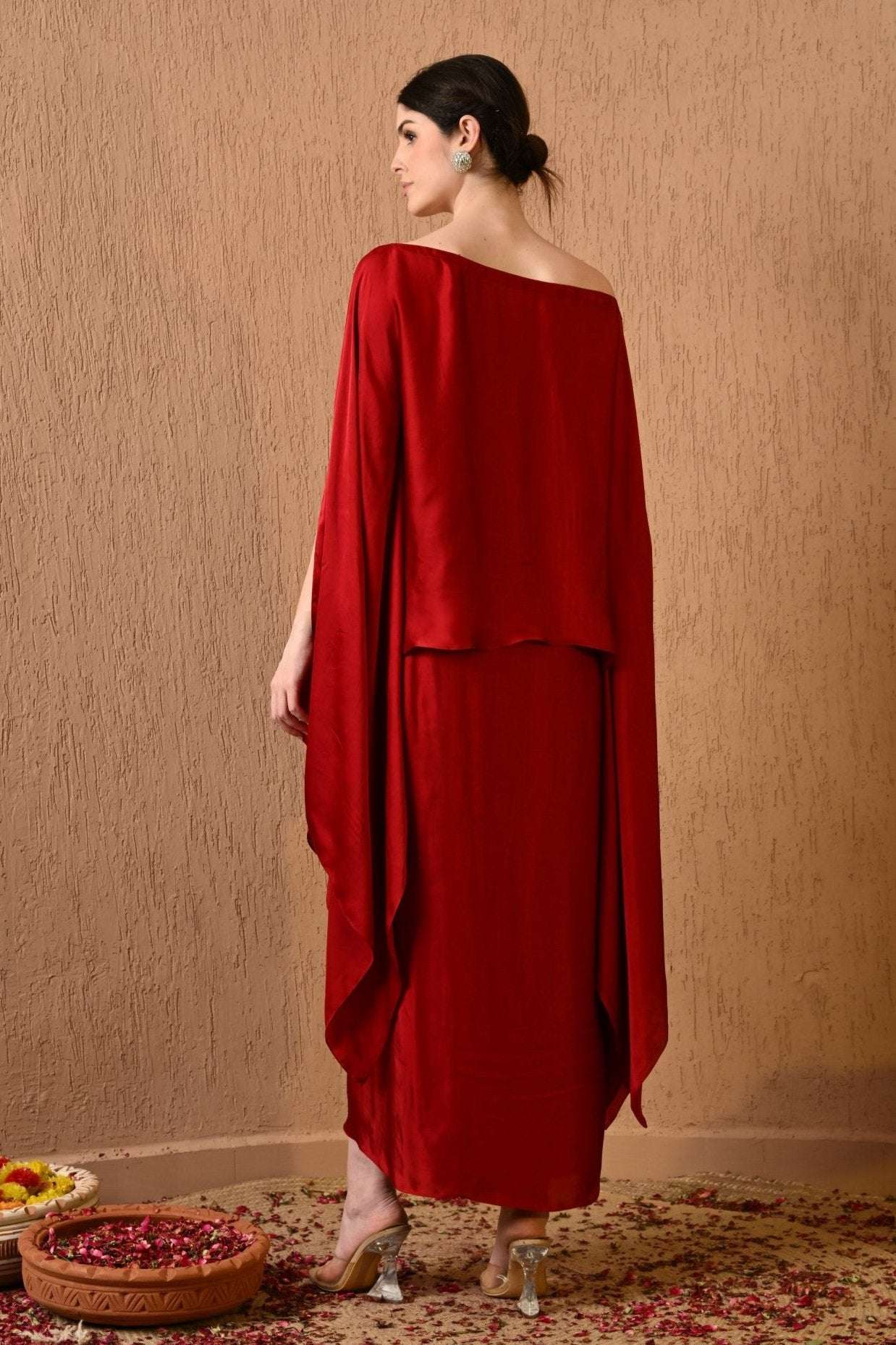 Terry Red Kaftan Dress with draped Indo western skirt for women