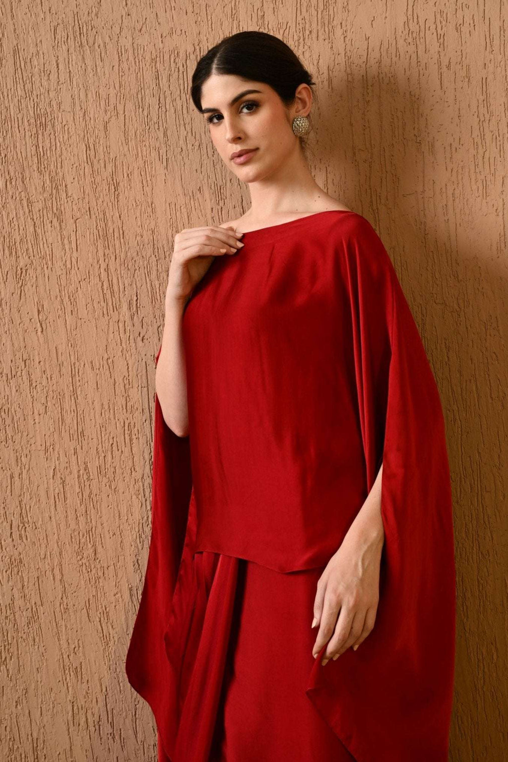 Terry Red Kaftan Dress with draped Indo western skirt for women