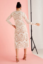 White & Beige Lace Midi Dress
