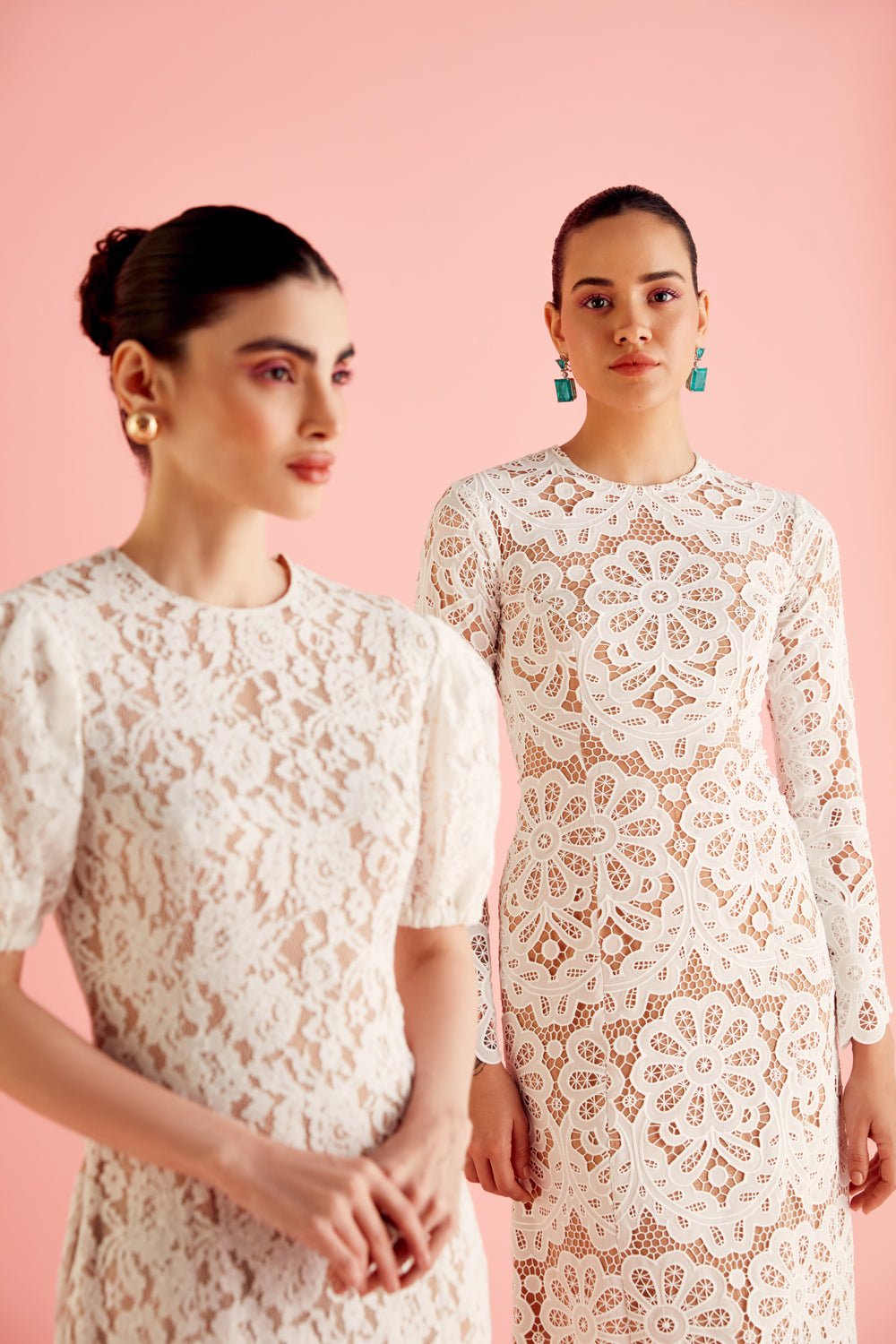 White & Beige Lace Midi Dress