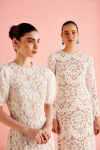 White & Beige Lace Midi Dress