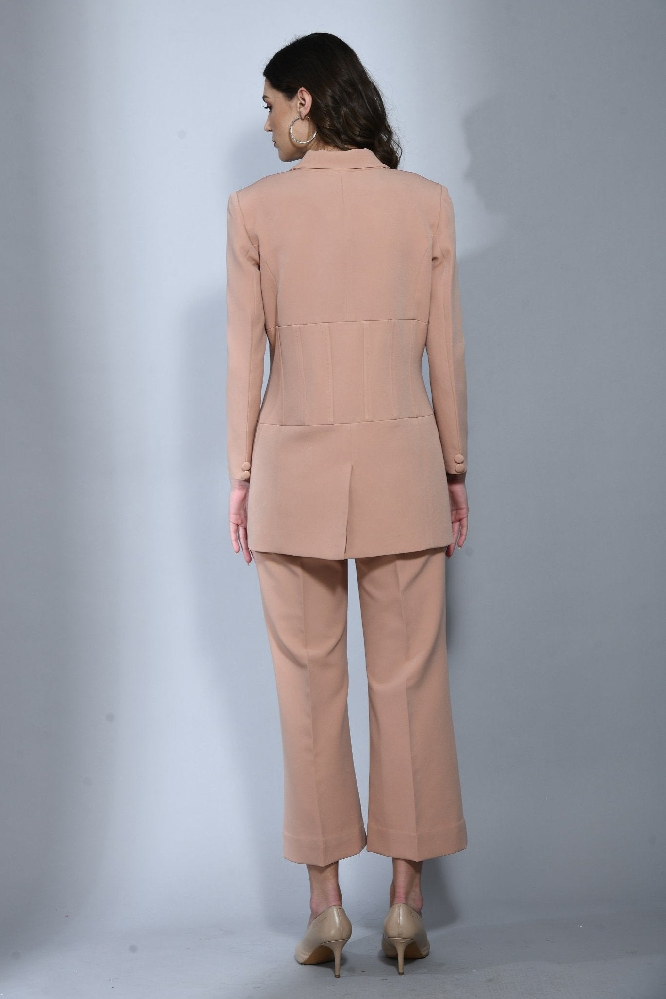 Canary Beige  - Crepe 2 Piece Corset Blazer Set For Women