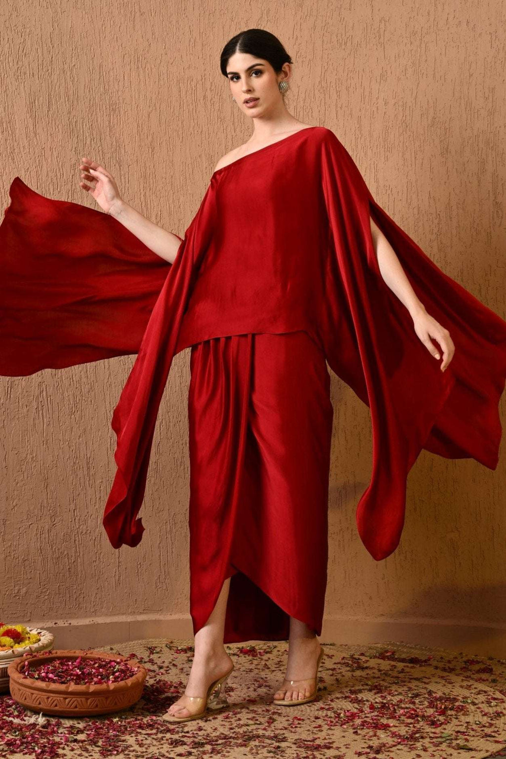 Terry Red Kaftan Dress with draped Indo western skirt for women