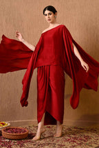 Terry Red Kaftan Dress with draped Indo western skirt for women