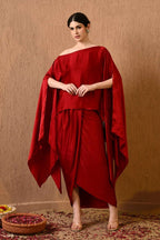 Terry Red Kaftan Dress with draped Indo western skirt for women
