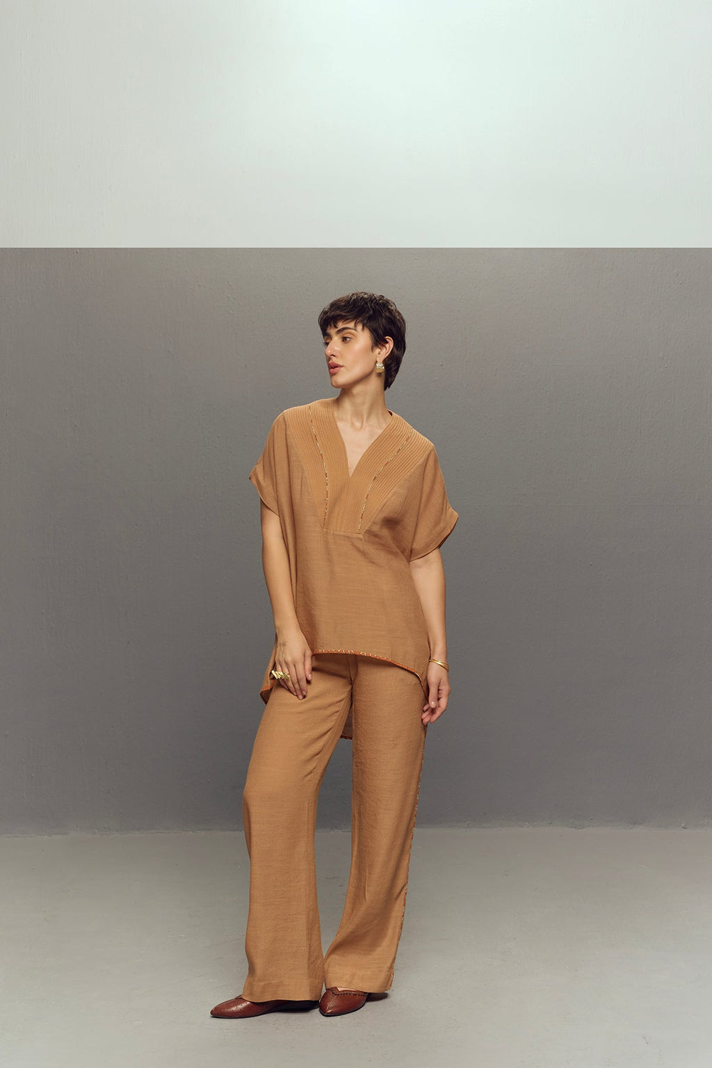 BEIGE CREPE LINEN CORD SET