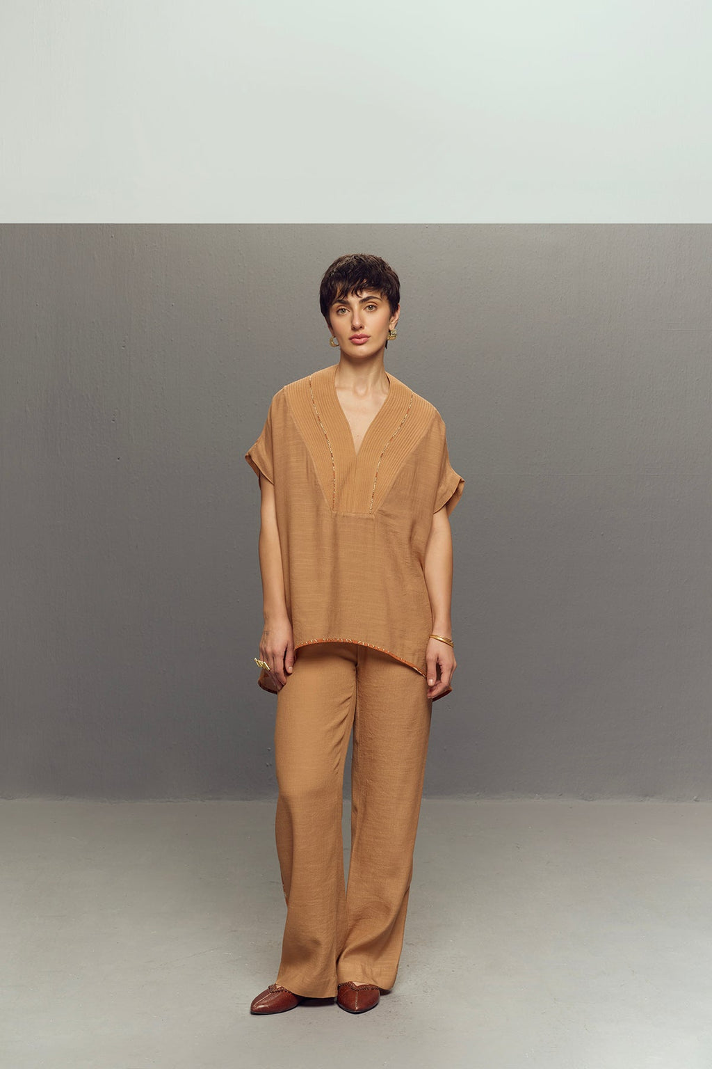 BEIGE CREPE LINEN CORD SET
