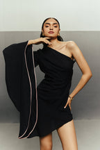 BLACK CREPE LINEN BUTTERFLY DRESS